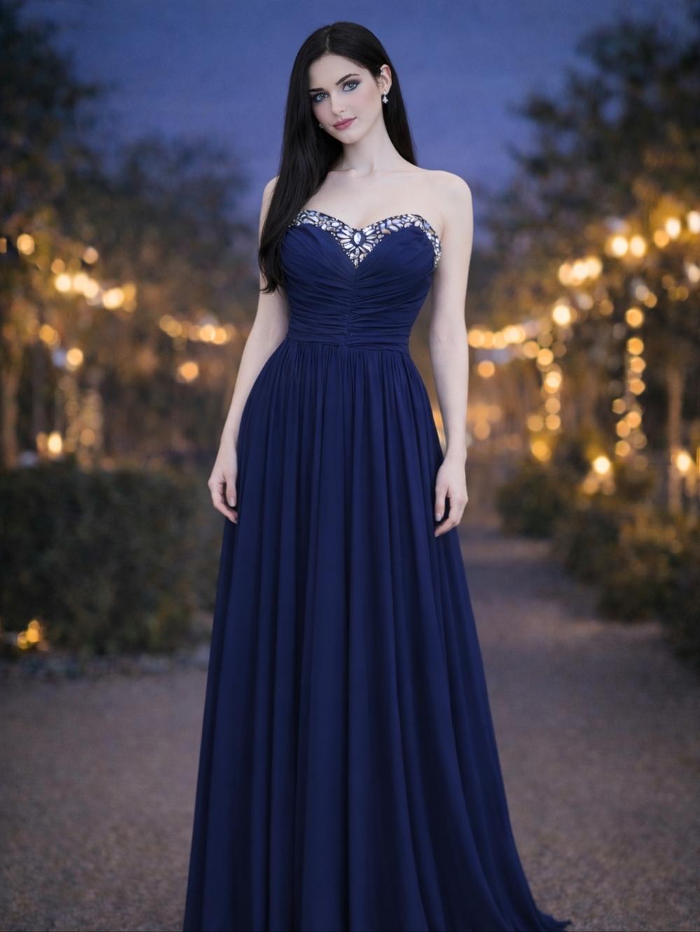 B Darlin Strapless Navy Blue Gown Size 3/4 | Bejeweled Ruched Formal Prom Dress
